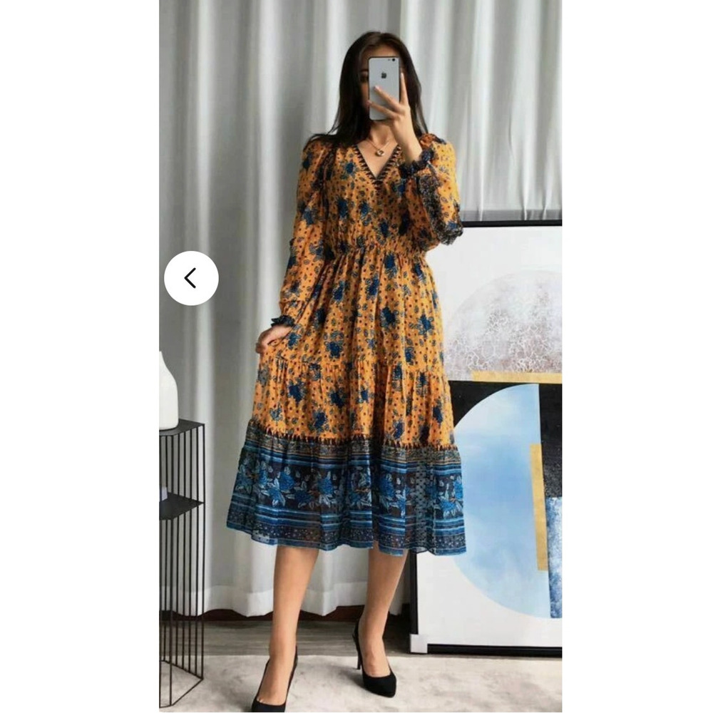 Ulla Johnson XS Silk Long Sleeve Midi Romilly Dress $795 Marigold Bohemian NWT - Picture 7 of 9